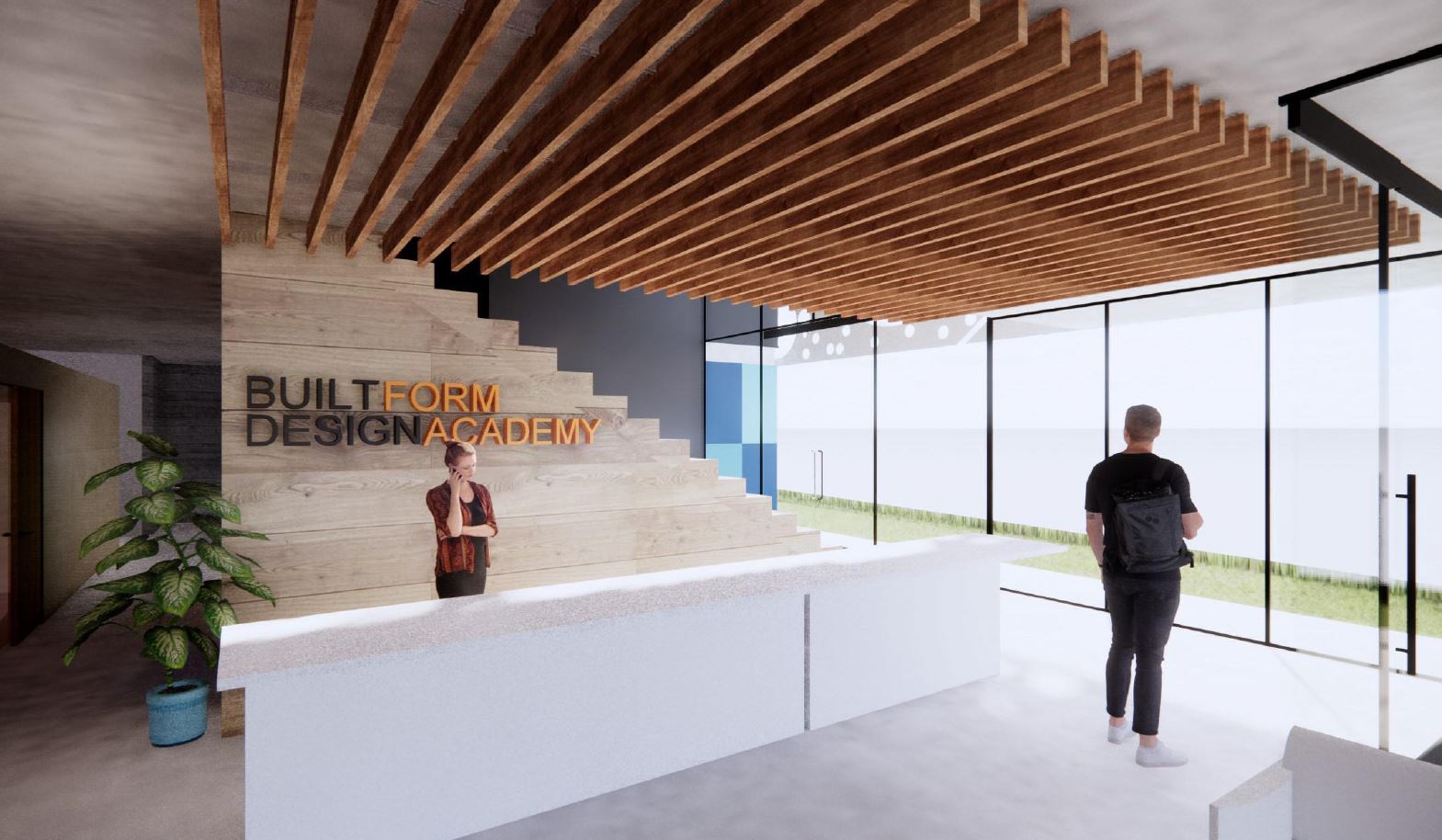 Student commercial project interior: reception with timber batten ceiling and Built Form Design Academy signage