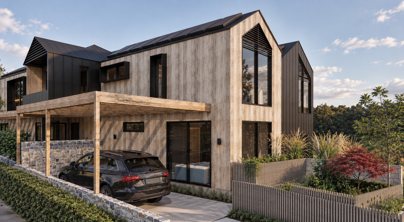 Diploma of Building Design student project: timber-clad gabled residences